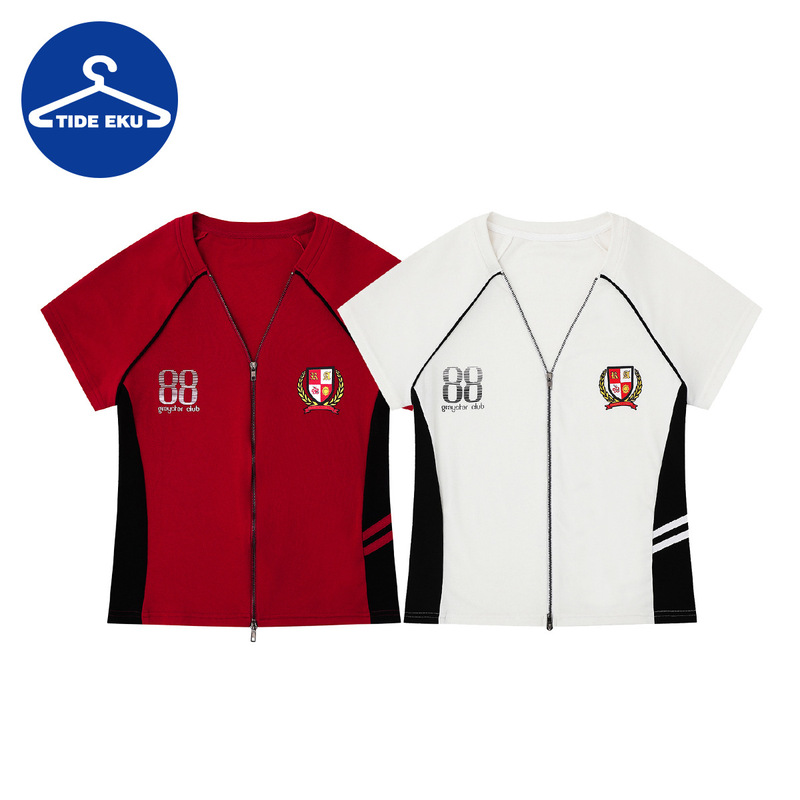 2026 Summer Hot Girl Style College Style Badge Zipper T-Shirt for Women Color-Block Raglan Slim Fit Top