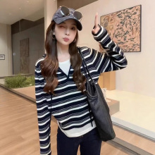 韩系穿搭条纹连帽针织衫女士早秋季薄款外穿巨好看显瘦高级感毛衣