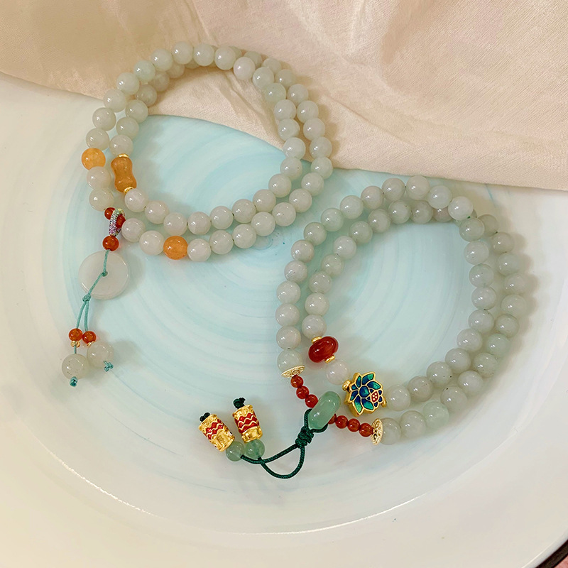 「天青色煙雨」天然青玉手鍊女新中式雙層疊戴復古平安扣蓮花手串