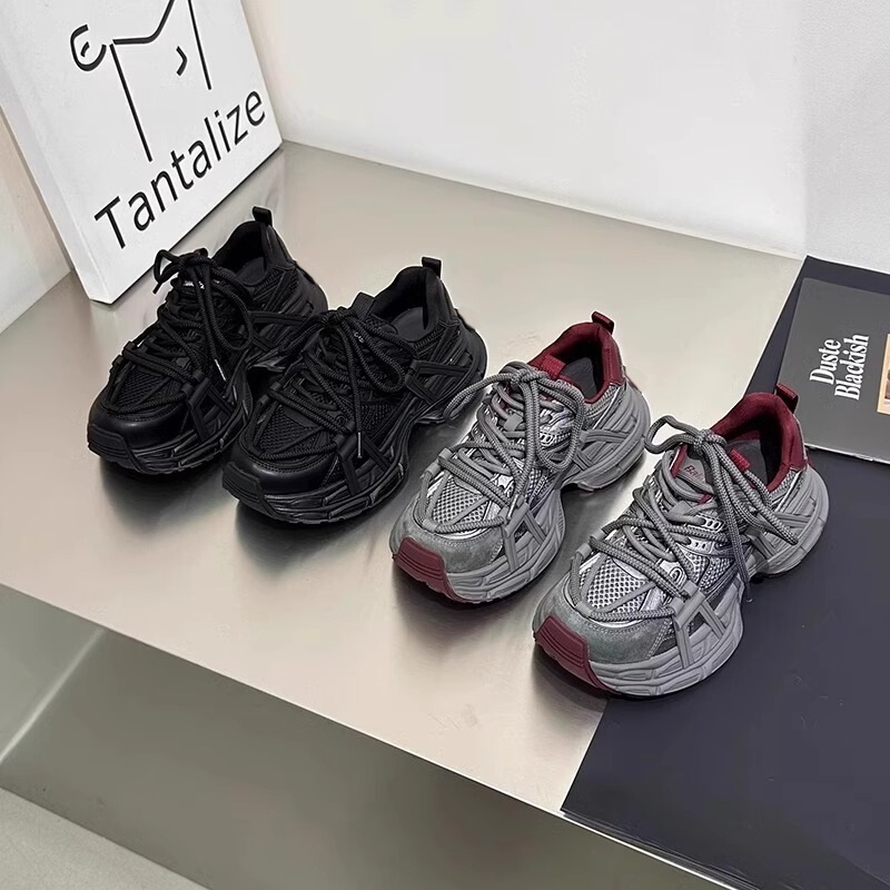 Foreign trade thick-soled lace-up dad sneakers for women, mesh patchwork retro sports casual shoes, multi-color lace-up height-increasing shoes