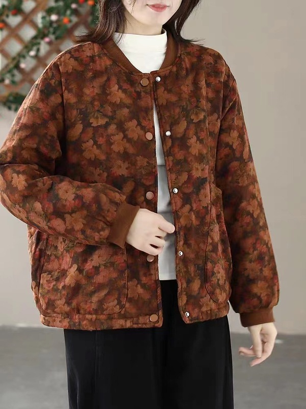 2025秋冬复古印花棉质夹棉外套棉衣女圆领宽松加厚保暖棉服上衣|undefined