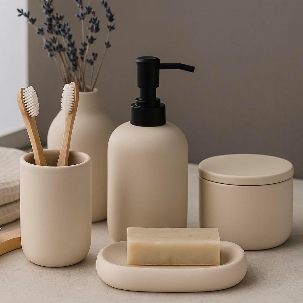 Accesorios de baño de cerámica nórdica moderna de cuatro piezas, caja de jabón de color neutro, set de lavado de jabón image 1