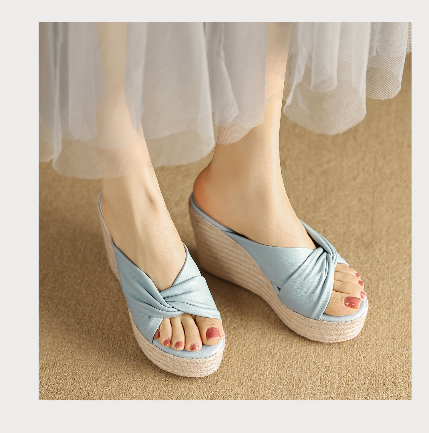 Sandal cao gót nữ quai chéo hở mũi đế xuồng bện cói gót 9 cm — màu thiên thanh, màu hồng chi tiết 11