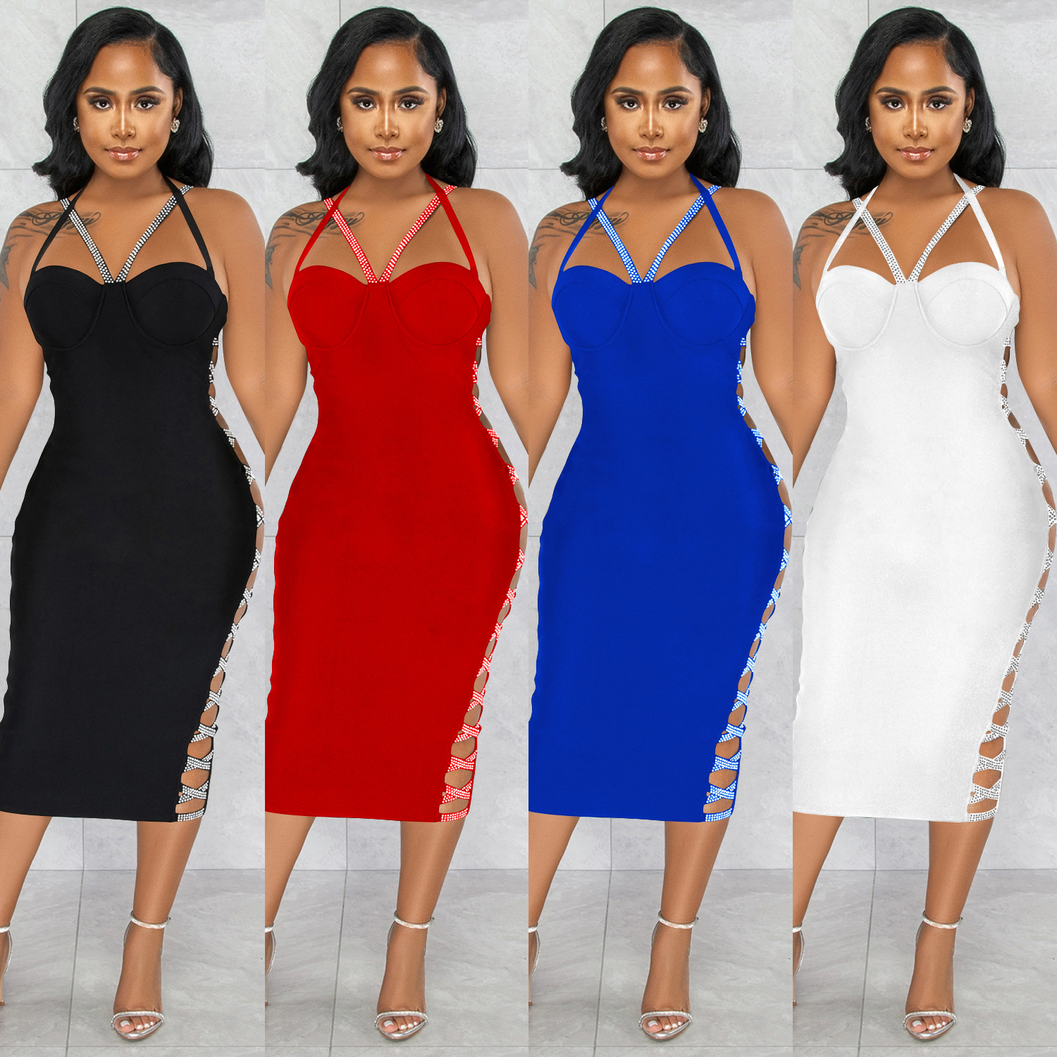 X5657 transfronteriza nueva AliExpress Ebay color sólido sexy Sling Hollow zipper vestido partido vestido de las mujeres image 1