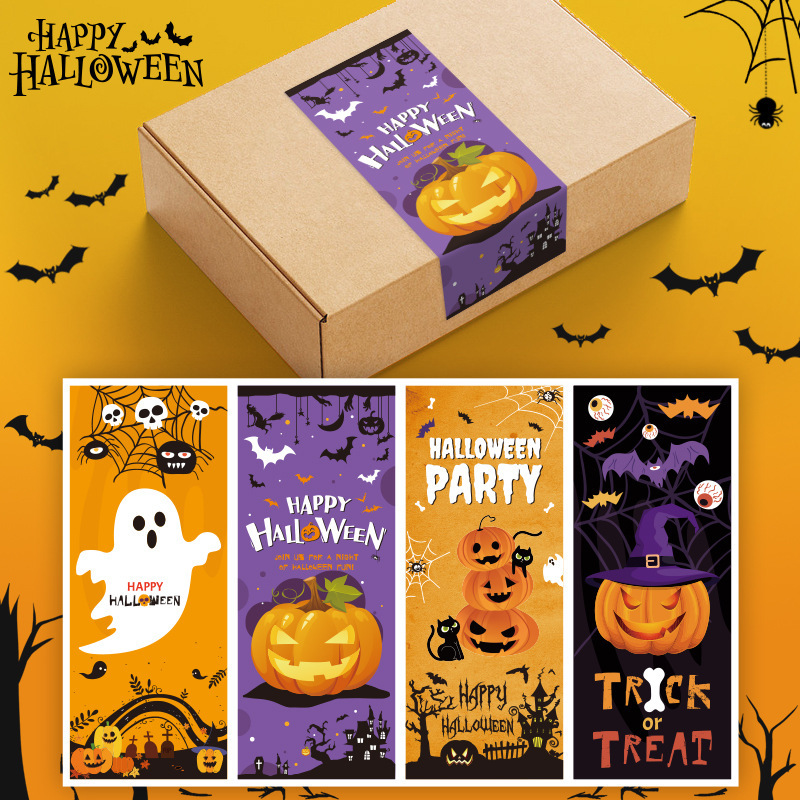 52 Stickers/Pack Halloween Stickers Rectangular Sealing Stickers Pumpkin Skull Spider Packaging Box Sealing Stickers Stickers