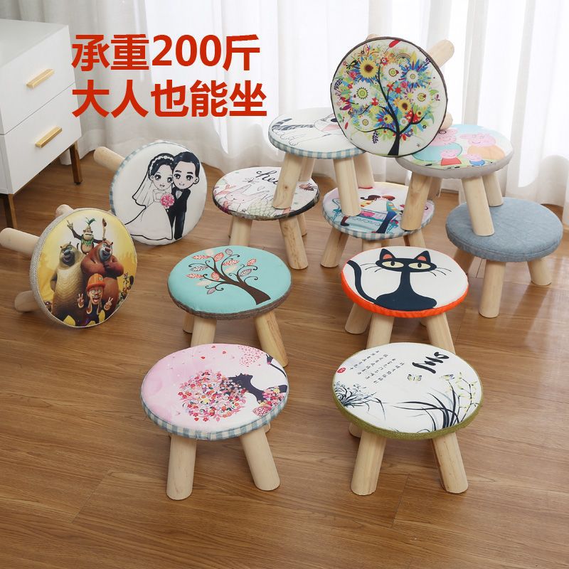 Taburetes de tela de madera sólida para niños, mesas de té para adultos, dormitorio, sala de estar, zapatos, taburetes redondos creativos