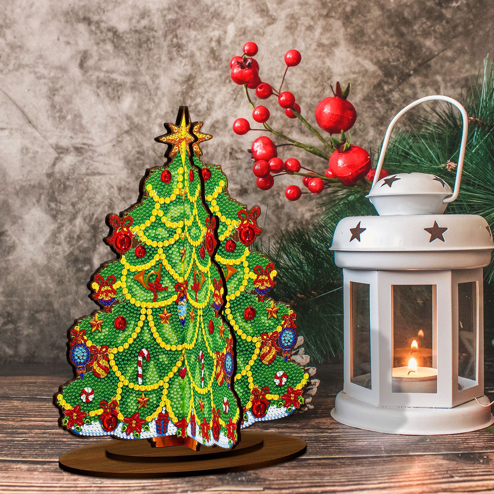 Pintura de diamante alrededor de la tarjeta de decoración del árbol de Navidad tridimensional hecha a mano pintura de diamante de madera decoración de escritorio pintura se puede personalizar