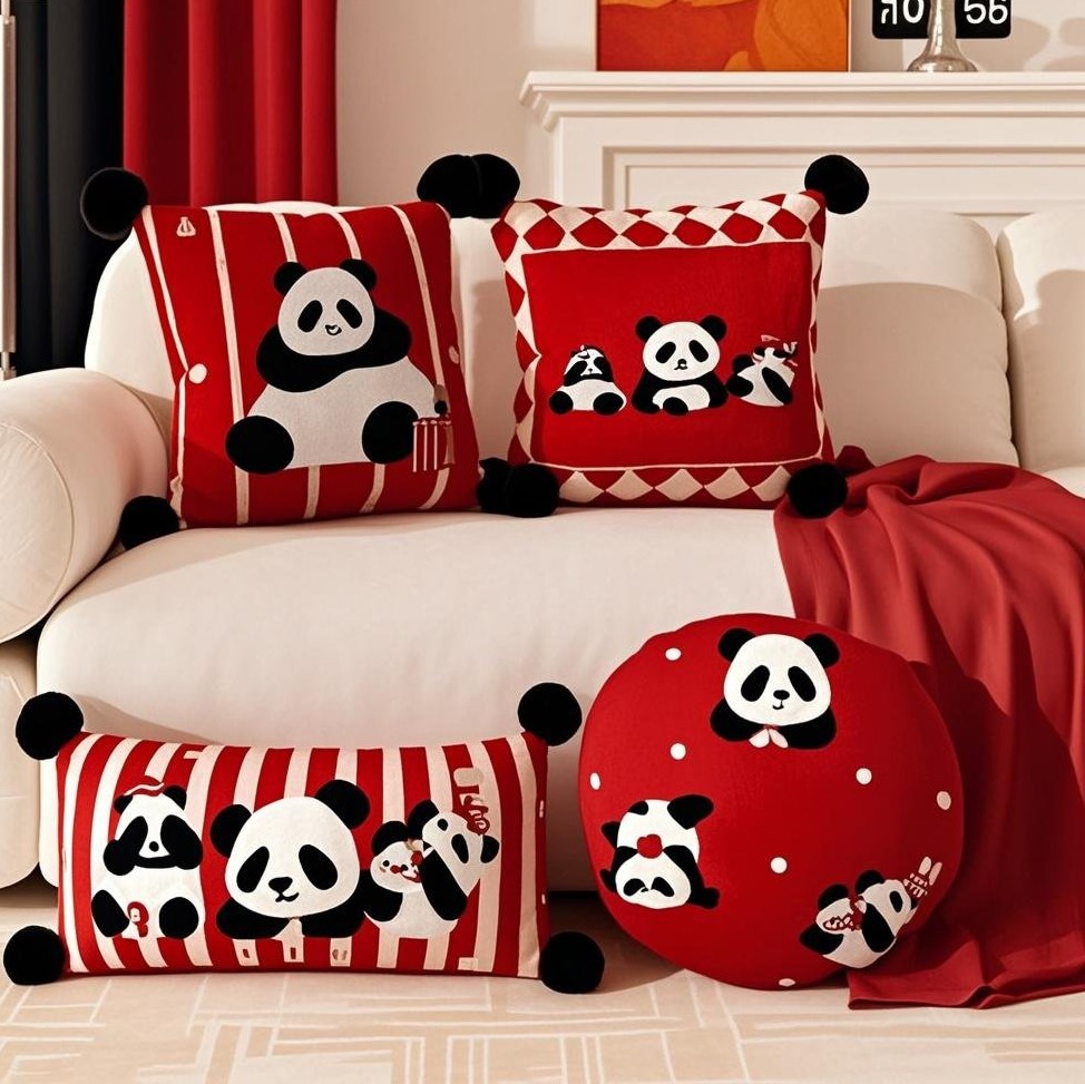 来图定制毛球抱枕腰枕车用靠垫中古风熊猫动物卡通情侣沙发靠枕