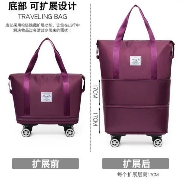 Women's Large Capacity Lightweight Folding Trolley Bag with Pulley Universal Wheel Travel Bag Shopping Storage Duffel Bag