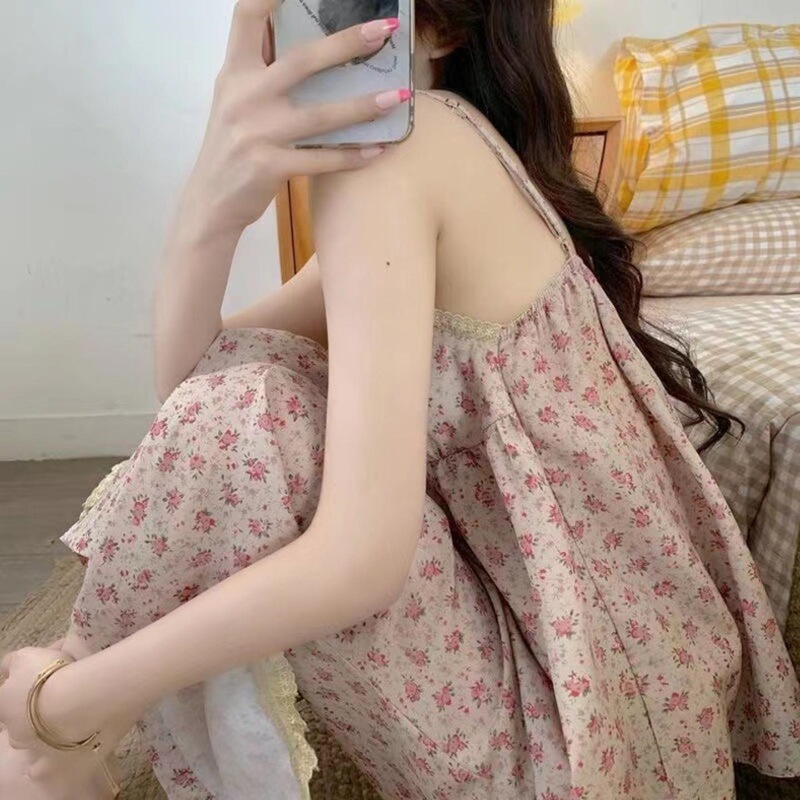2026 Country-style pajamas for women, summer camisole and long pants with chest pads, floral pattern, popular online group-buy home wear set, outdoor