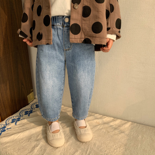  Spring and Autumn Children's Pants Cotton Boys and Girls Straight Leg Loose Jeans Korean Style Japanese Carrot Long Pants Trendy