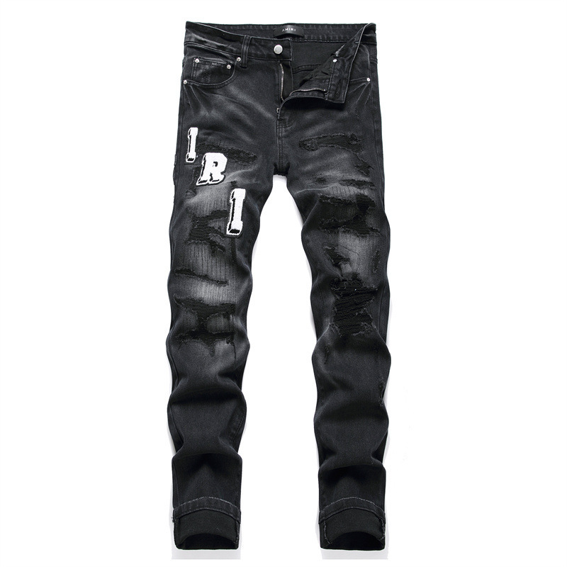 New foreign trade style trendy black ripped patch embroidered badge skinny stretch men's jeans 3529 New foreign trade style trendy black ripped patch embroidered badge skinny stretch men's jeans 3529