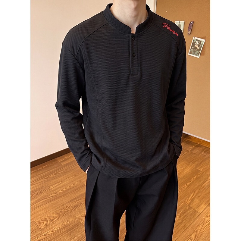 2026 Autumn American-style embroidered Henry collar long-sleeve polo shirt for men, heavy-duty, regular shoulder, clean fit, loose 2026 Autumn American-style embroidered Henry collar long-sleeve polo shirt for men, heavy-duty, regular shoulder, clean fit, loose