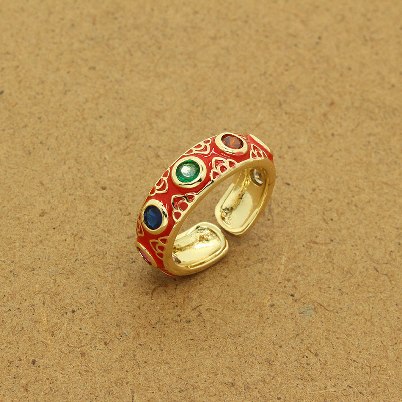 European Cross-border Retro Ethnic Color Zircon Carved Retro Drip Open Ring display picture 2