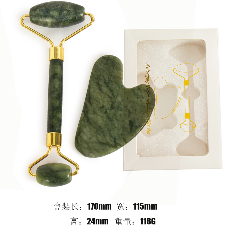 Juego de tres piezas de rodillo de jade natural y tabla de gua sha, dispositivo de belleza para masaje facial, lámina de gua sha facial, fabricante de rodillos de jade