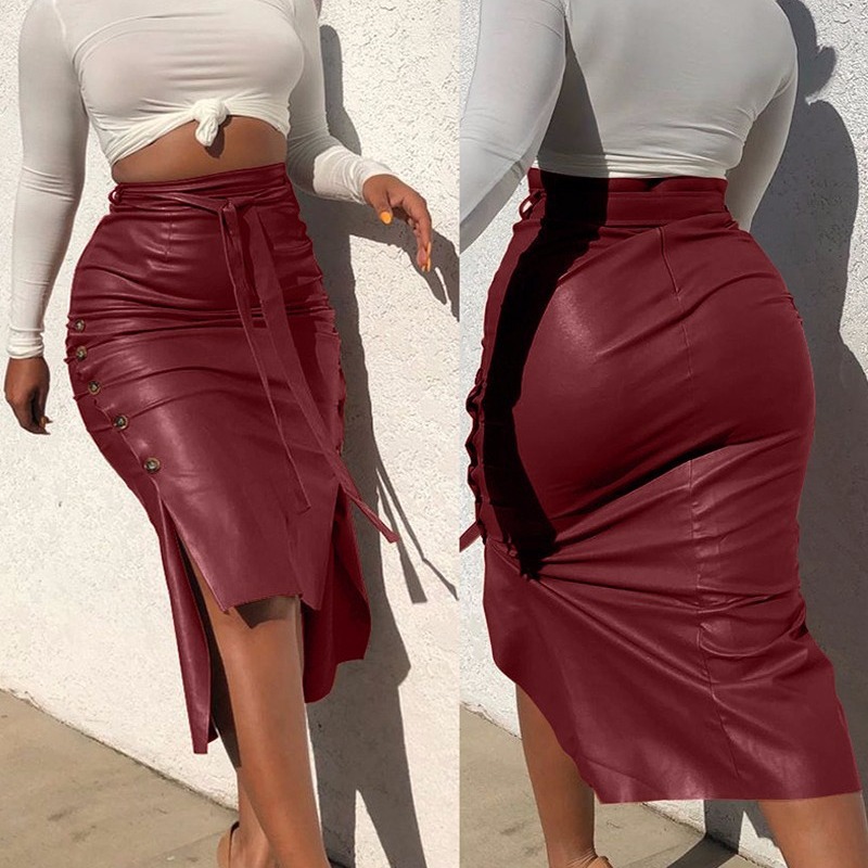 Autumn and Winter European and American Foreign Trade Leather Skirt Amazon Women's Split Slim Fit Mid-length Hip Skirt PU Skirt