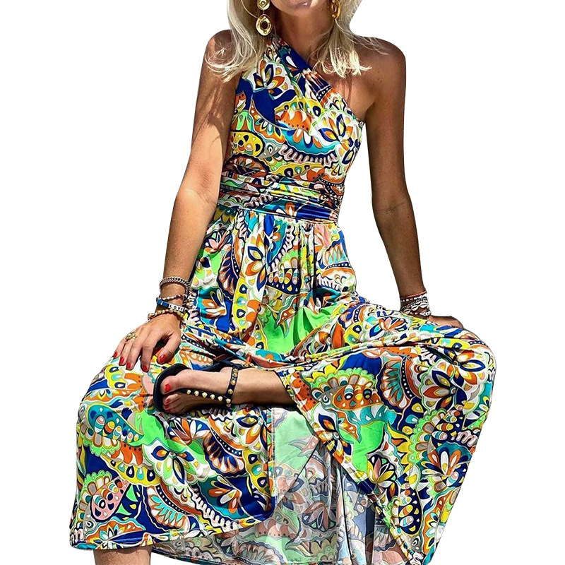 printed one-shoulder sleeveless bohemian long dress NSONF120047