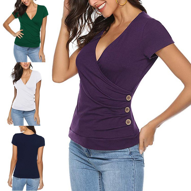 Women's Solid Colour Wrap-around Pullover Deep V-neck T-shirt_voghion.com