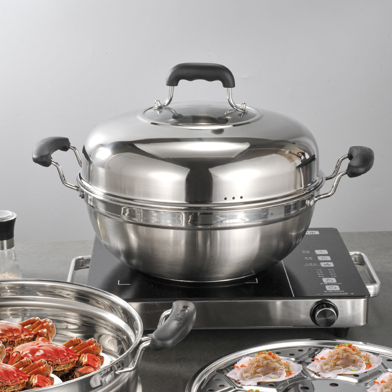 Chuangyu acero inoxidable no recubierto multiusos vapor de dos capas wok acero inoxidable vapor de doble oreja wok vapor al por mayor