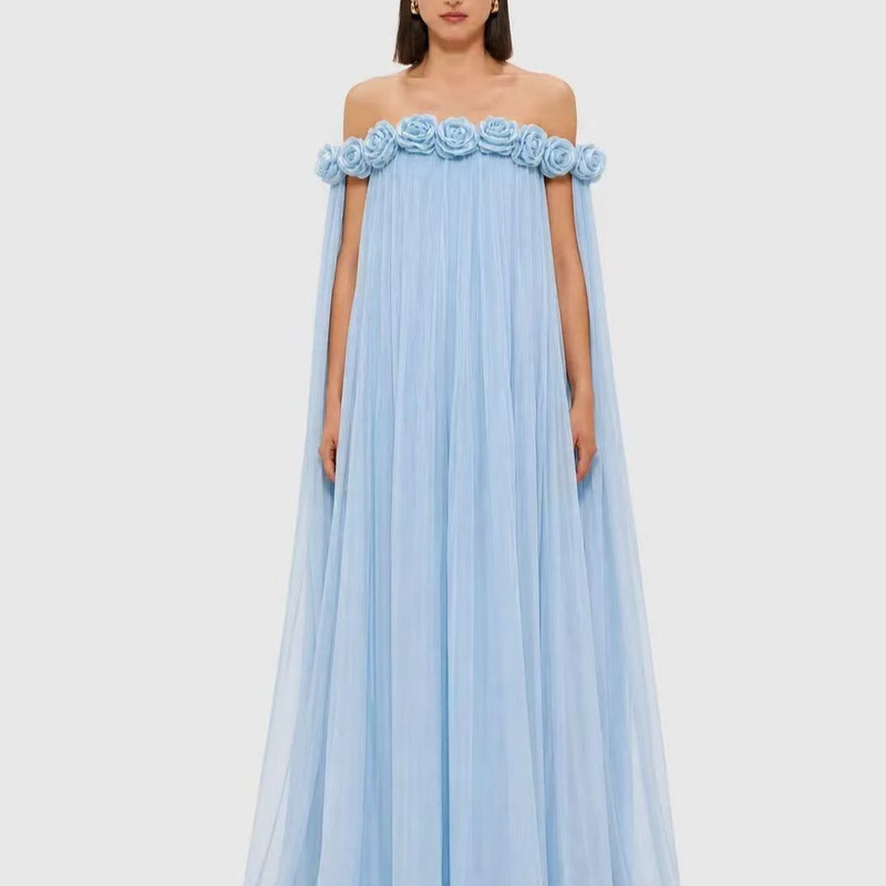 2026 Spring/Summer Red Off-Shoulder Chiffon Long Dress with Three-Dimensional Flowers, Flowing Fairy Dress, Loose and Slimming Dress