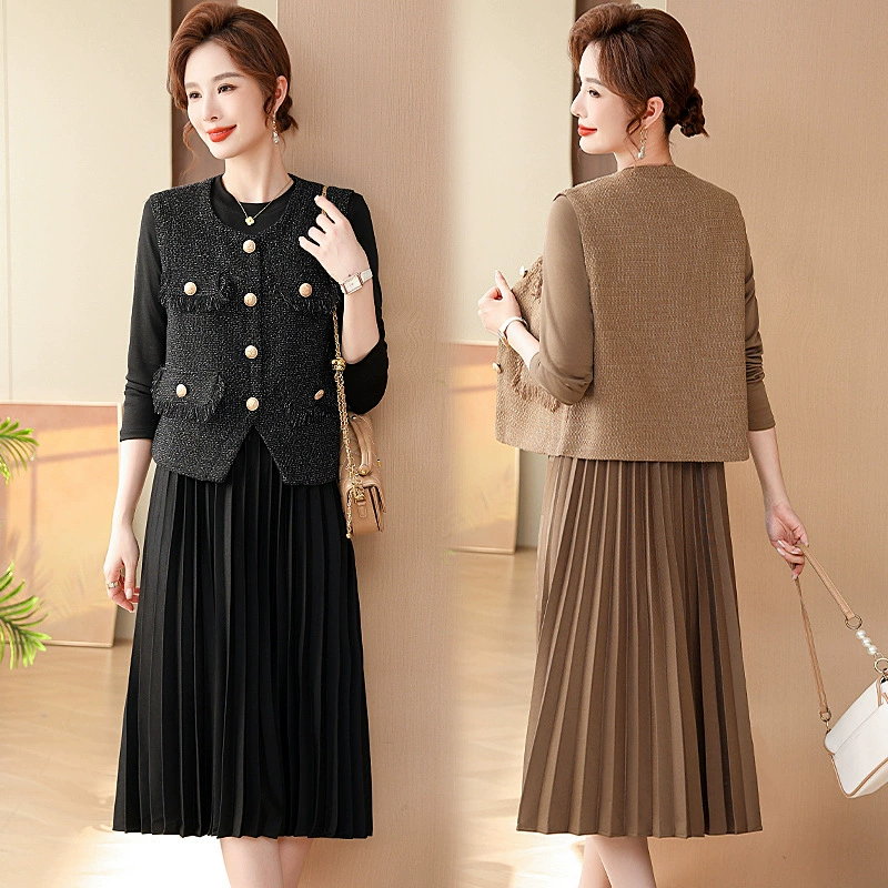 Женский костюм в твидовом стиле для женщин среднего возраста, плиссированное платье, комплект из двух предметов, новинка 2024 года, модный весенне-осенний стильный жилет