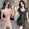 Hip wrapped short skirt sexy spicy girl low cut slim fit design feeling knitted sequin dress