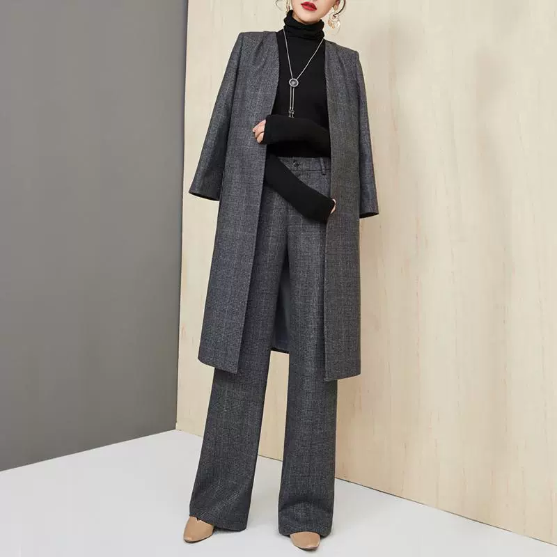 Новинка 2025, женские осенне-зимние брюки из двух предметов средней длины, шерстяная куртка, широкие брюки, повседневный модный женский модный костюм