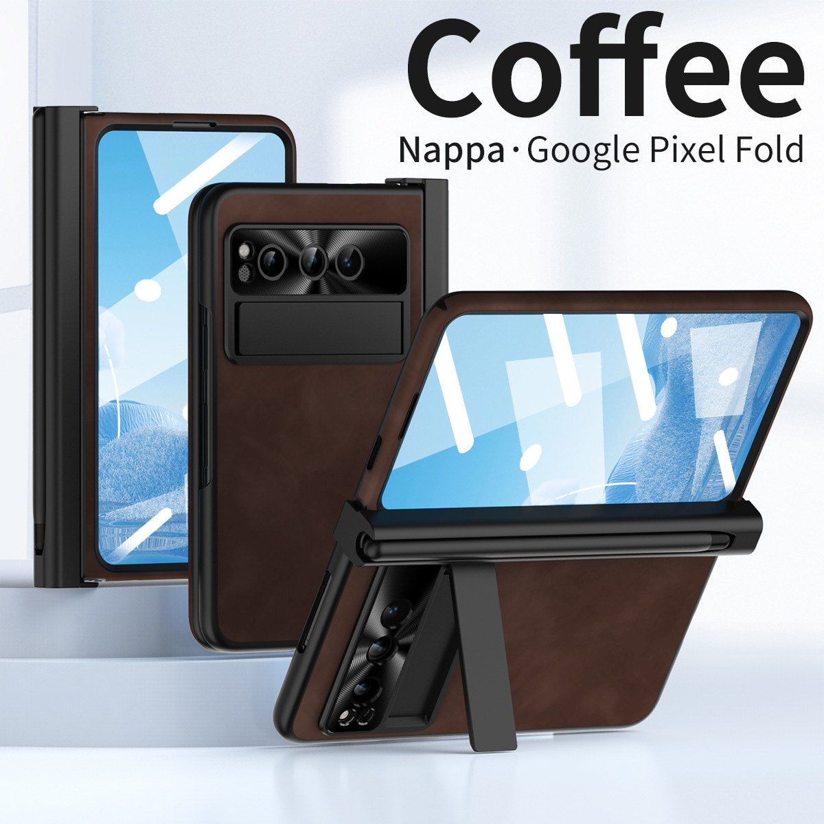 Compatible With Google Phone Pixel Fold Plain Leather Foldable Shockproof Pen Slot Hinge Protective Case_voghion.com