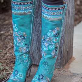 宝欣丽跨境外贸新款欧美2021秋冬女鞋粗跟帆布高筒刺绣花朵时装靴