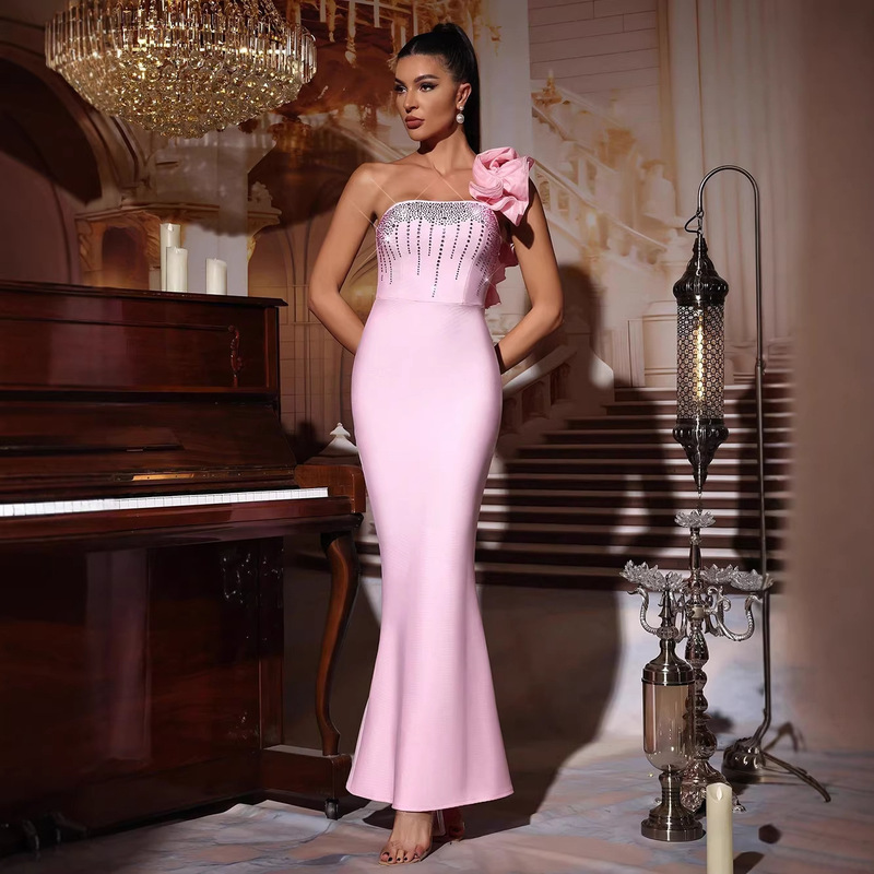Cross-Border Women's Fashion Elegant Rhinestone Embellished One-Shoulder Strapless Long Mermaid Dress Bandage Pink Party Dress