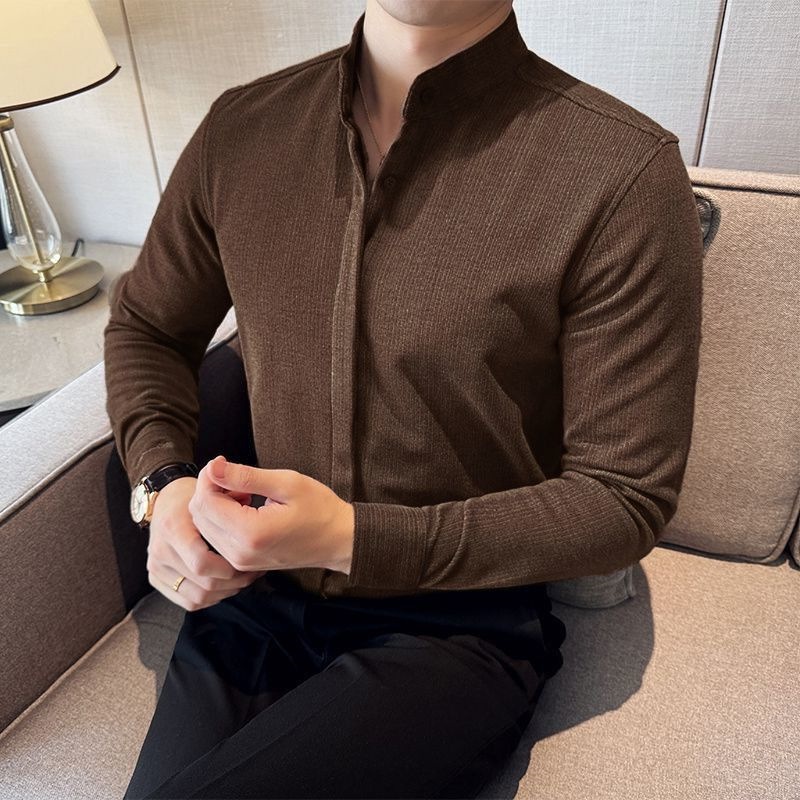 秋冬男士毛呢衬衫加厚高级呢子新款保暖长袖立领修身男装休闲衬衣