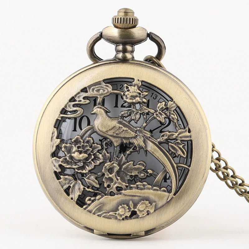 Phoenix Bronze Pocket Watch Flip Cover Hollow Quartz with Hanging Watch Elderly Antique Watch Wholesale Bird on the Stone