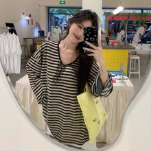 韩系撞色条纹长袖t恤衫女士2025年防晒新慵懒风韩版宽松上衣跨境