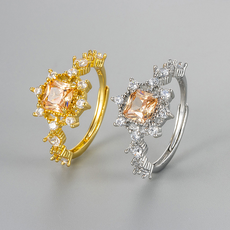 欧美新款时尚镶嵌雪花香槟锆石戒指女小众设计个性百搭高级感指环