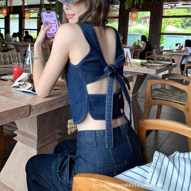 American-Style Backless Tie-Up Denim Vest Top for Women, Summer Pure Desire Style Slim Vest Top with Wide-Leg Pants Set