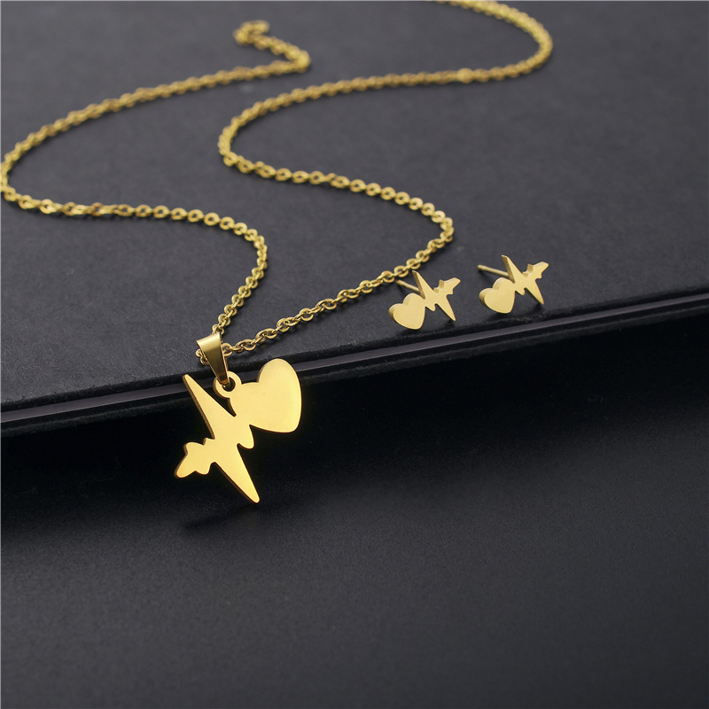 ECG Wave Necklace Stainless Steel Personality Heart-shaped Pendant Earring Set