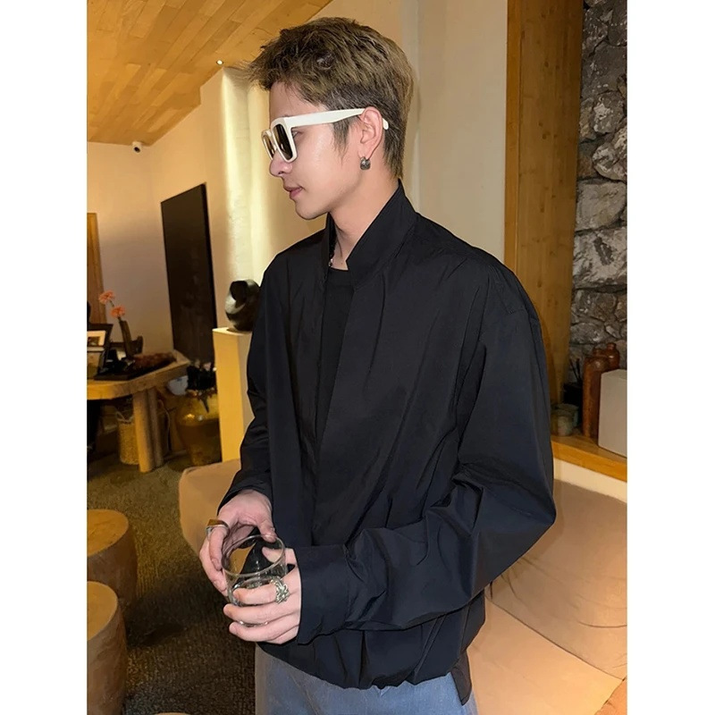 カジュアル春夏の新しいファッショントレンド韓国風同スタイルシャツ多用途ミニマリストスタイル長袖スタンドカラーピマシャツ|undefined