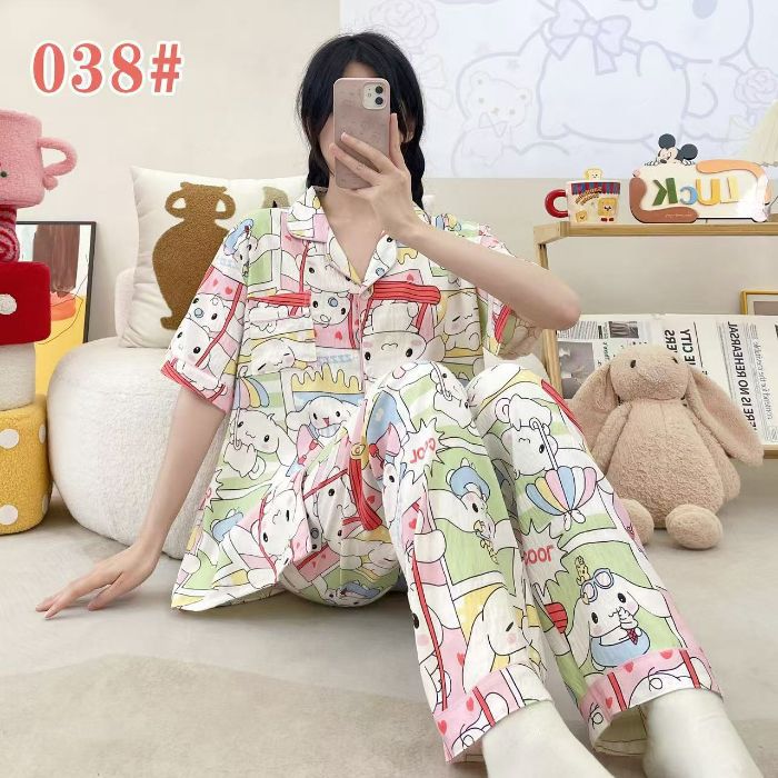 Estilo explosivo transfronterizo spot verano pantalones de manga corta cardigan solapa pijamas de dibujos animados lindo nube femenina algodón cómodo servicio a domicilio