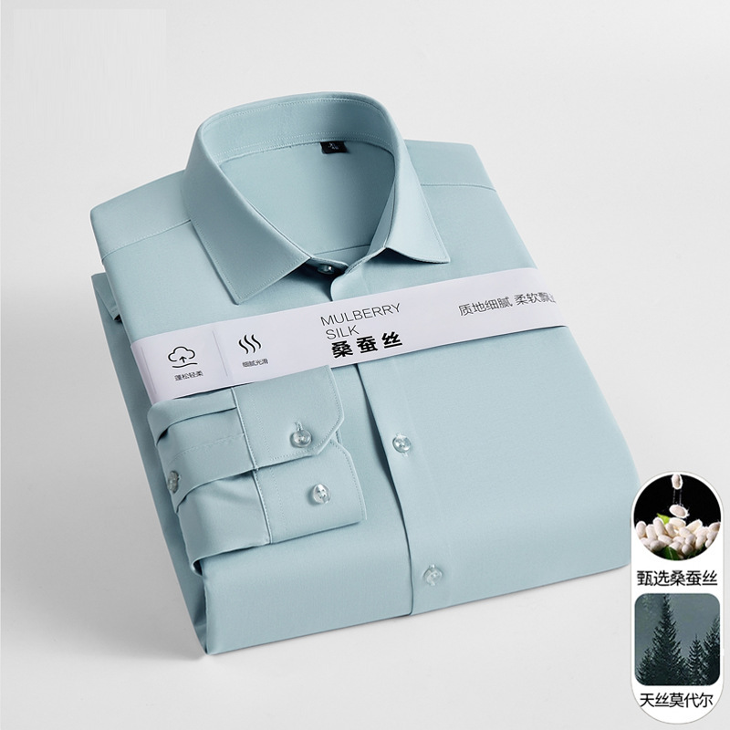 [Contains Mulberry Silk + Modal] Spring and Summer Long-Sleeve Shirt for Men, Skin-Friendly and Breathable Short-Sleeve Shirt, Mulberry Silk Top for Men