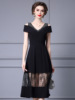 Black large V-neck with diamond mesh splicing， half off shoulder large swing skirt， summer