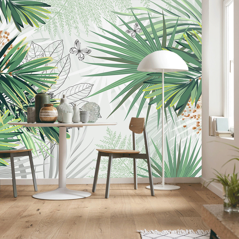 跨境代发亚马逊北欧手绘热带植物叶子壁纸客厅电视背景壁画墙布