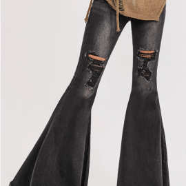 美式复古大喇叭牛仔裤女秋装破洞毛边辣妹紧身拖地裤