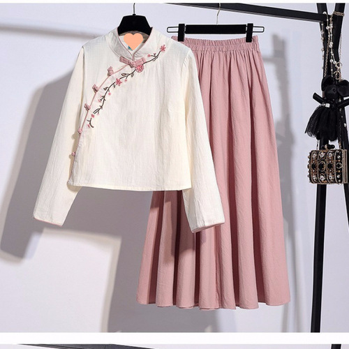 Improved Hanfu Women's Ancient Costume Chinese Style Republican Style Embroidered Cotton Linen Tea Dress Traditional Costume Set