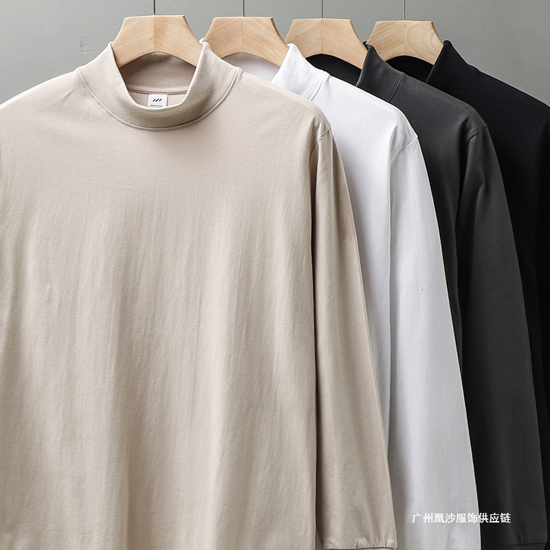 일본 280G 헤비 하프 하이 칼라 백킹 셔츠 남자의 순면 스웨터 봄과 가을 느슨한 단색 긴 소매 티셔츠