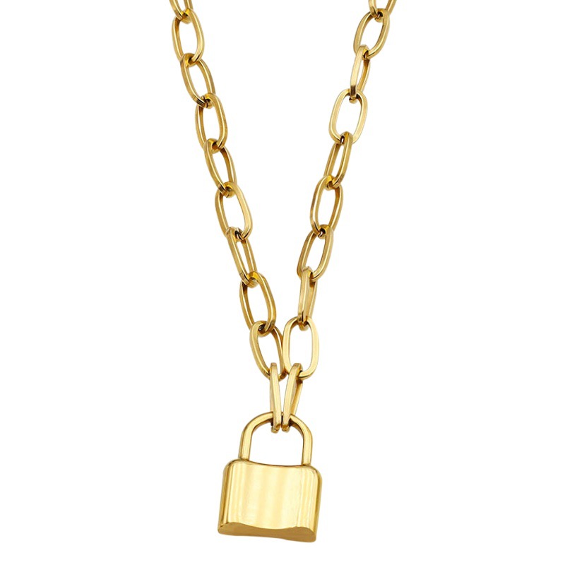 Transfronterizo europeo y americano Venta caliente vintage titanio acero cerradura colgante collar femenino punk estilo temperamento grueso cadena joyería 18K oro