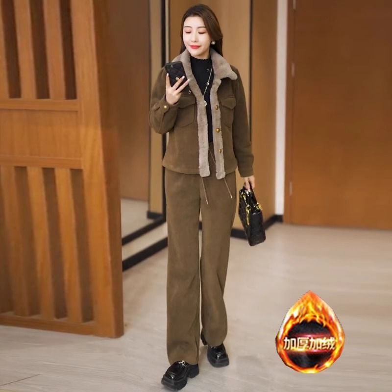 灯芯绒加绒加厚套装女2025新款秋冬时尚直筒裤休闲保暖两件套|undefined