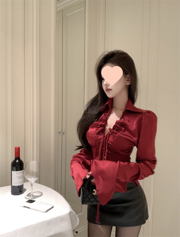 蕾丝拼接露背长袖衬衫女夏季修身绑带领衬衣设计感甜辣红色上衣|undefined