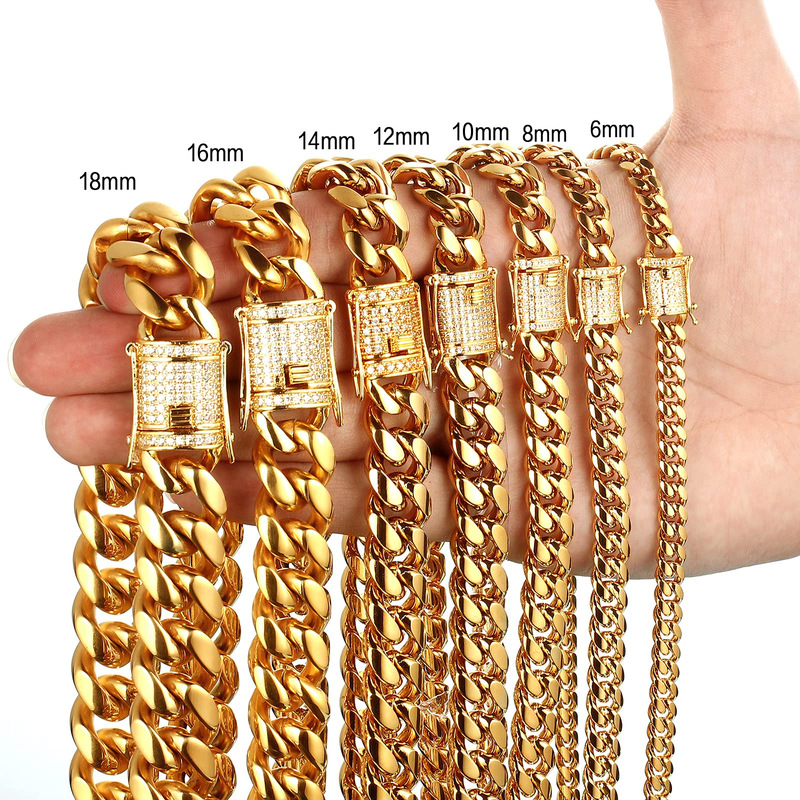 Cross-Border E-Commerce Supply Gold Titanium Steel Stainless Steel Cuban Chain Inlaid with White Diamond Buckle Encrypted Necklace 6-18mm Jmzk