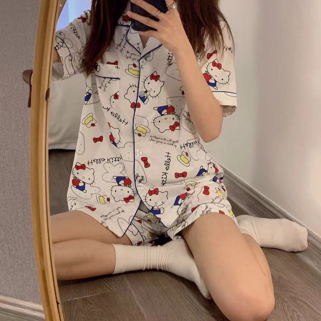2025 lindo traje de pijama de lunares de oso de estilo ins para mujer cárdigan de cuello redondo de verano suelto y se puede usar en el hogar