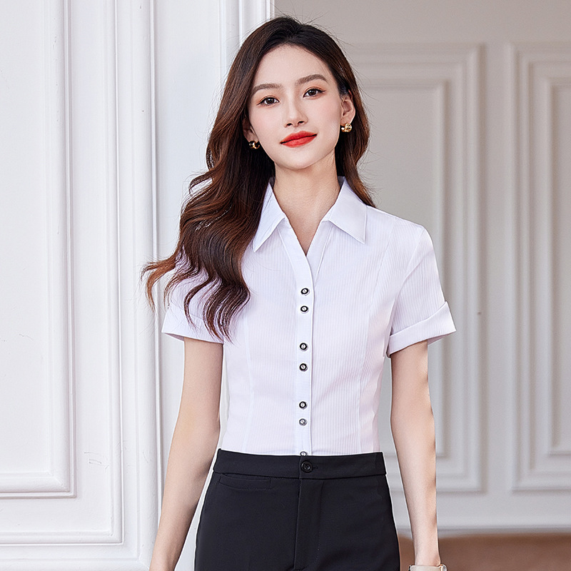 Blue striped short sleeve professional white shirt female flight attendant interview flight attendant uniform ol office work clothes V-neck